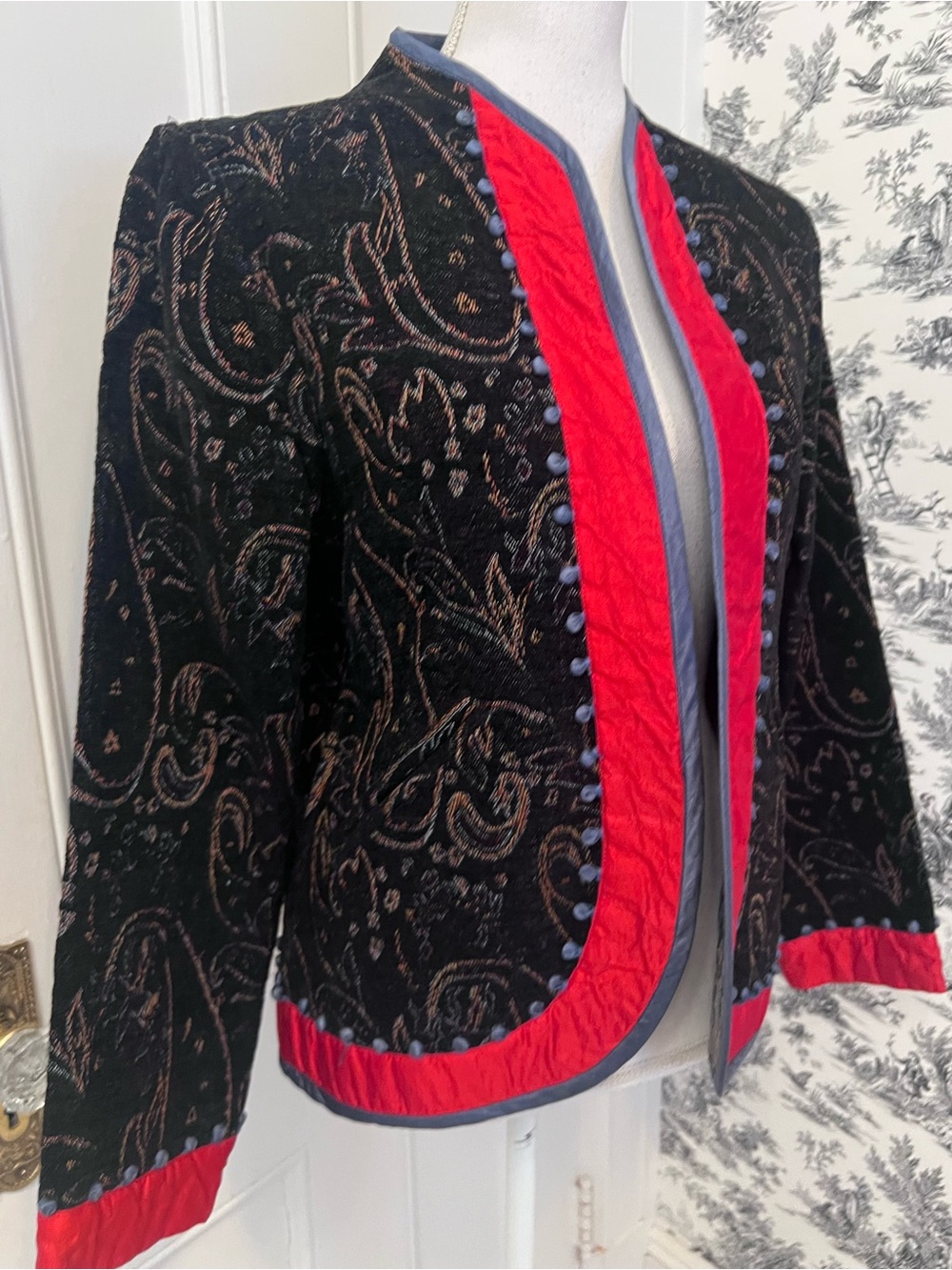 Black Paisley Embroidered Open Front Jacket with Red Trim